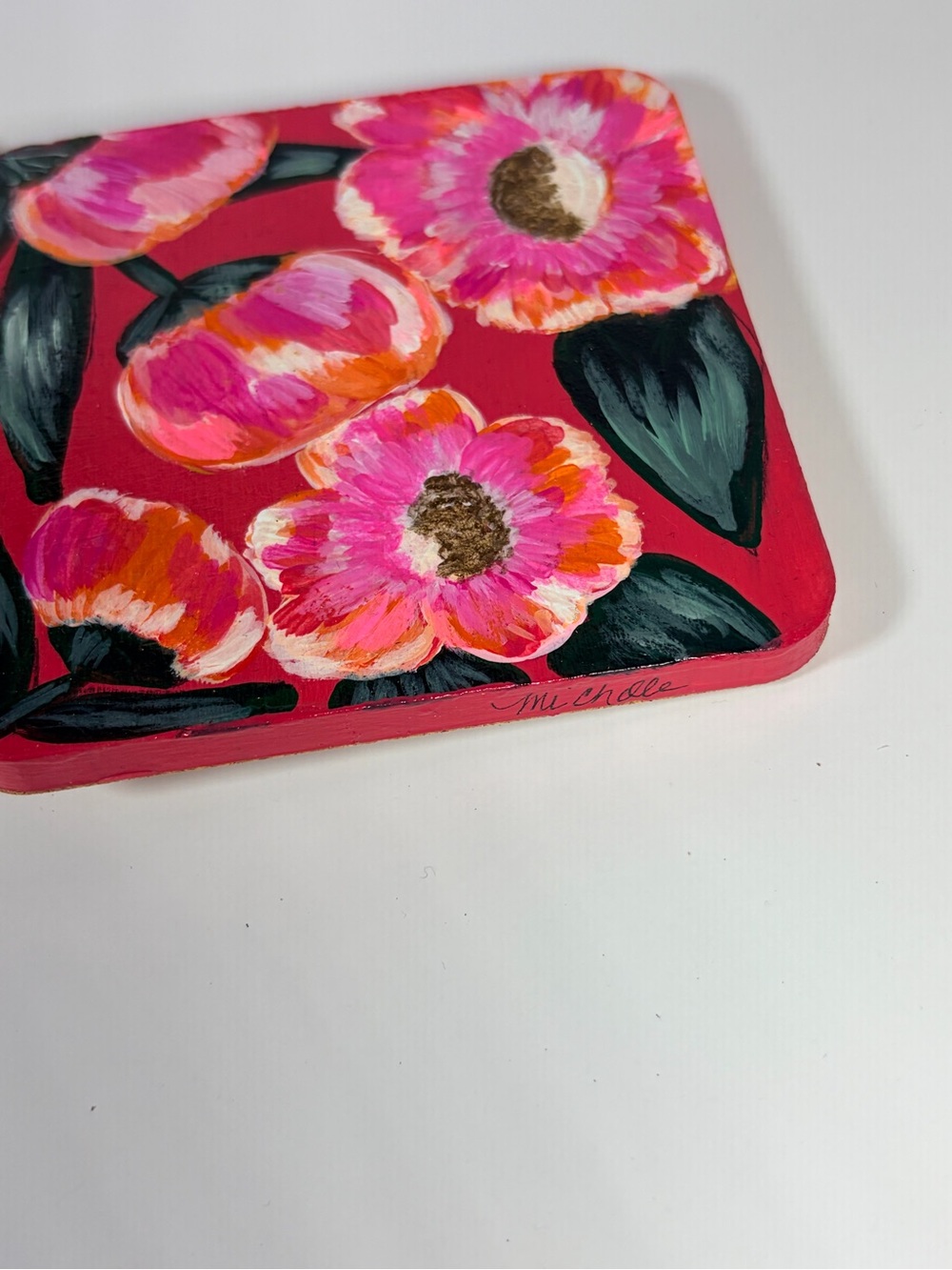 Hand-Painted Floral Leather Coasters - Pink & Yellow - Picture 3 of 6